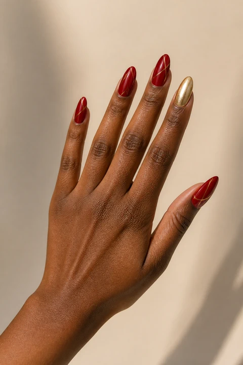 long red and gold glossy statement almond nails on a deep warm skin tone hand with visible wrist and forearm