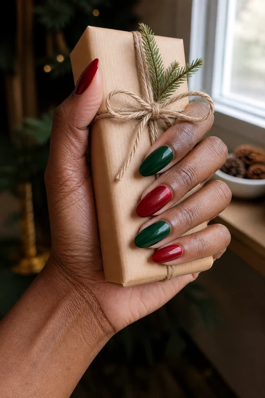 Glossy Red and Green Alternating Christmas nails
