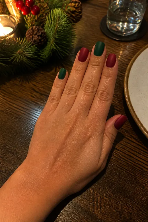 Matte Burgundy and Forest Green Christmas nails