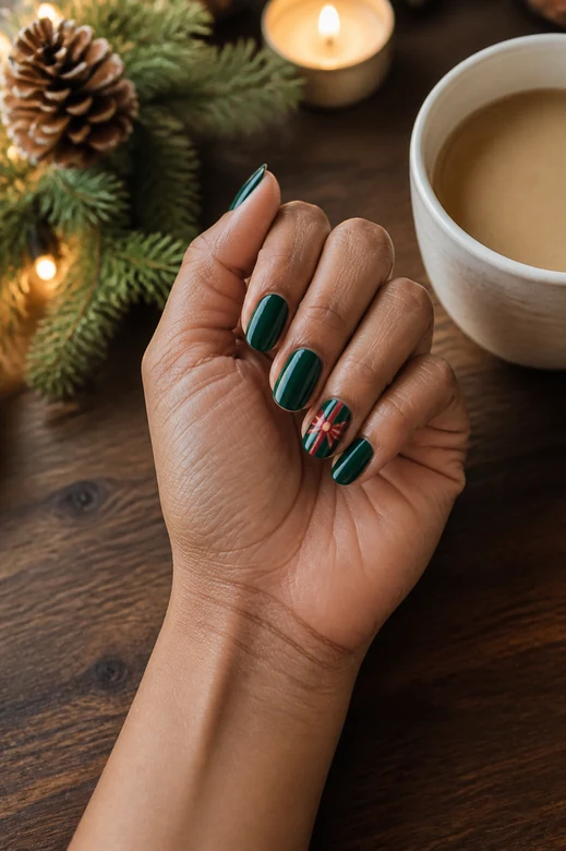 Emerald With a Red Bow Accent Christmas nails