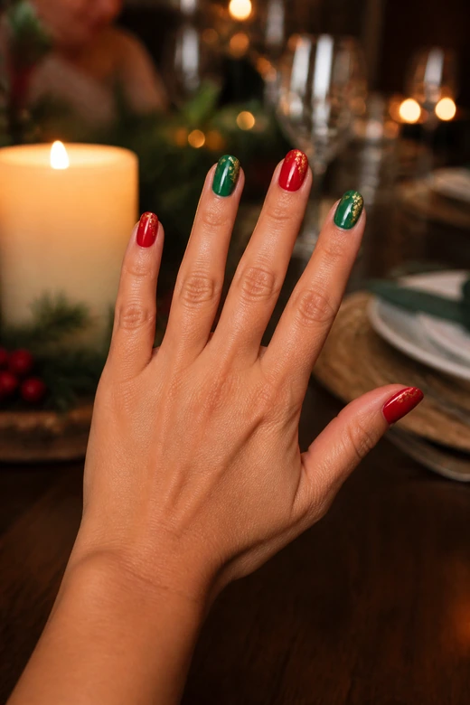 Red and Green With Gold Foil Christmas nails