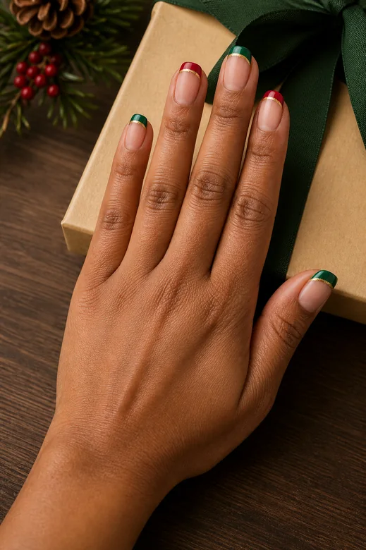 Red and Green With Gold Line Christmas nails