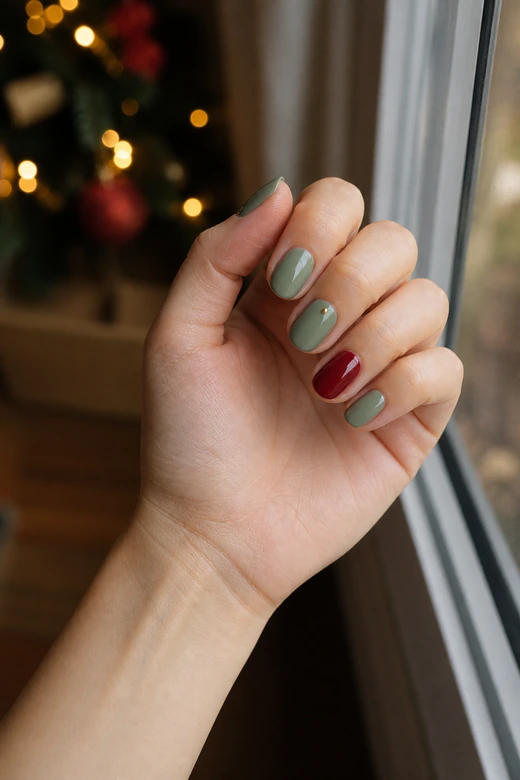 Sage With Berry Red Accent Christmas nails