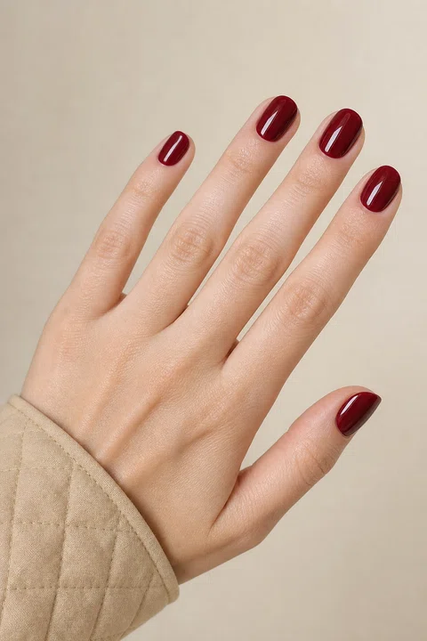 Fair skin hand in a relaxed diagonal pose with five short rounded glossy true burgundy wine red nails and a beige quilted cuff