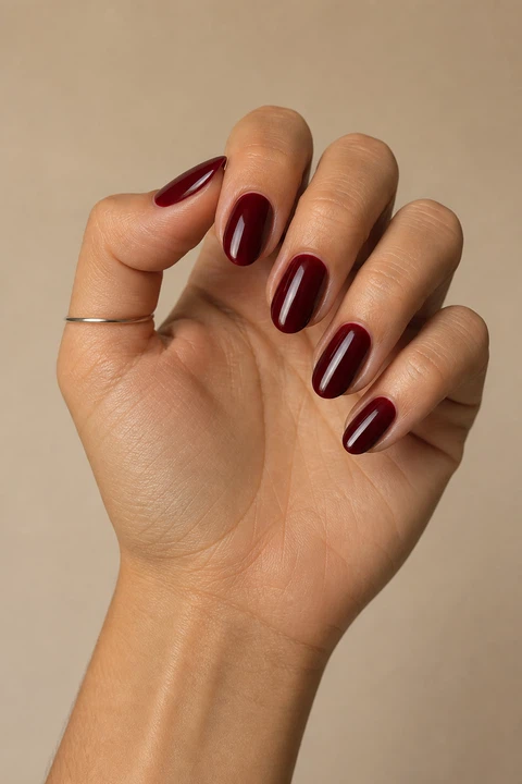 Light olive skin hand in a controlled curled pose with five medium-short almond nails in glossy deep oxblood burgundy and one tiny plain silver band