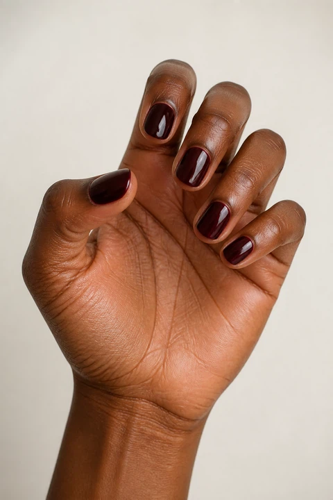 Deep brown skin hand in a curved radial pose with five short rounded glossy blackened burgundy nails against a bare neutral setting