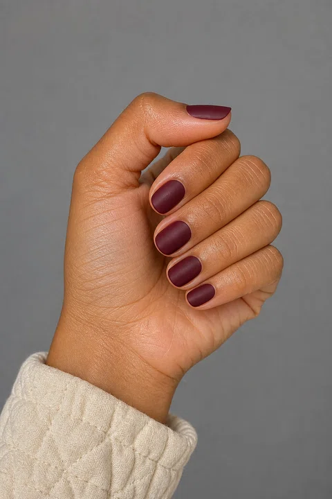Tan golden skin hand in a compact curved pose with five short rounded matte burgundy nails and an oatmeal quilted cuff