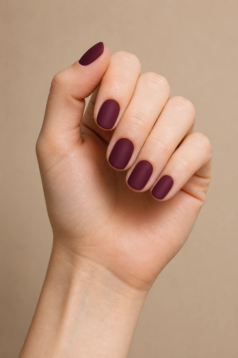 Light neutral beige skin hand in a controlled curled pose with five short matte burgundy plum-wine nails against a bare neutral background