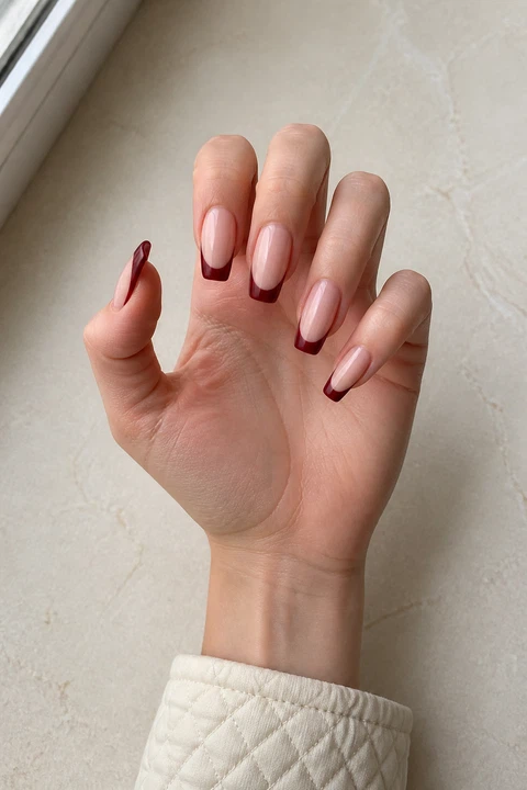 Fair peach-toned skin hand in a controlled radial pose with five medium coffin nails on a sheer nude base with glossy deep burgundy French tips and a cream quilted cuff