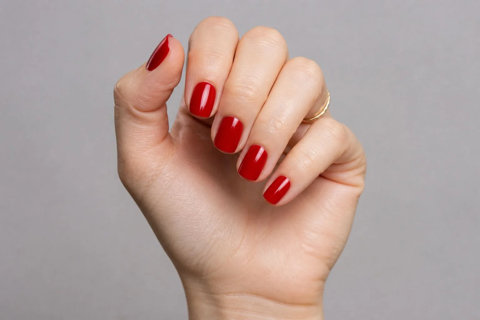 Curled hand showing a glossy true red square manicure with a delicate gold ring