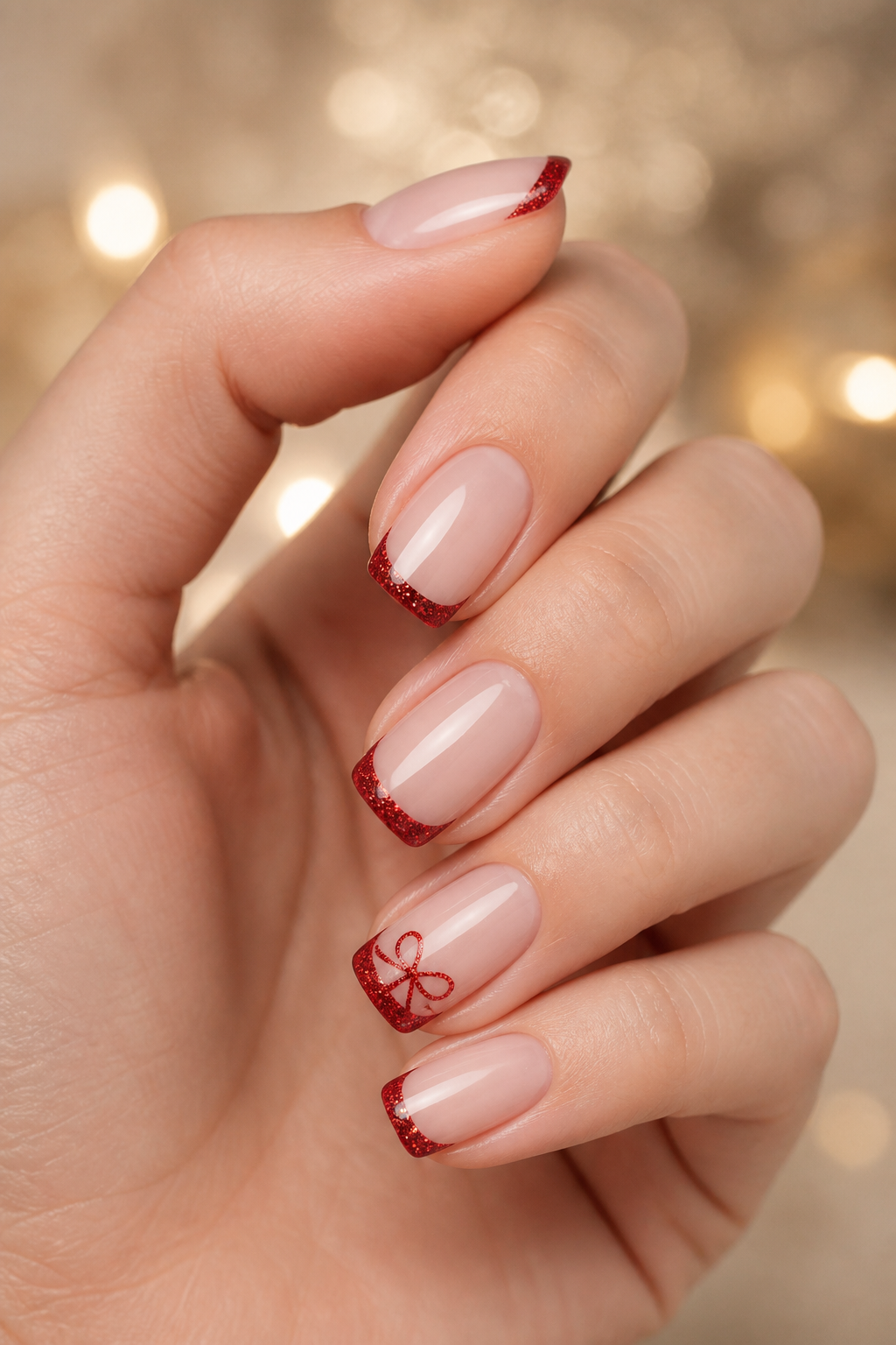 Scarlet micro-glitter ribbon French Christmas nails.