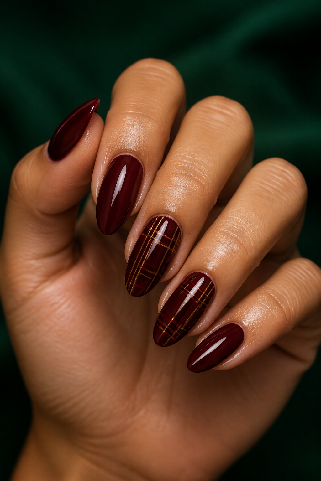 Oxblood almond Christmas nails with fine gold tartan art.