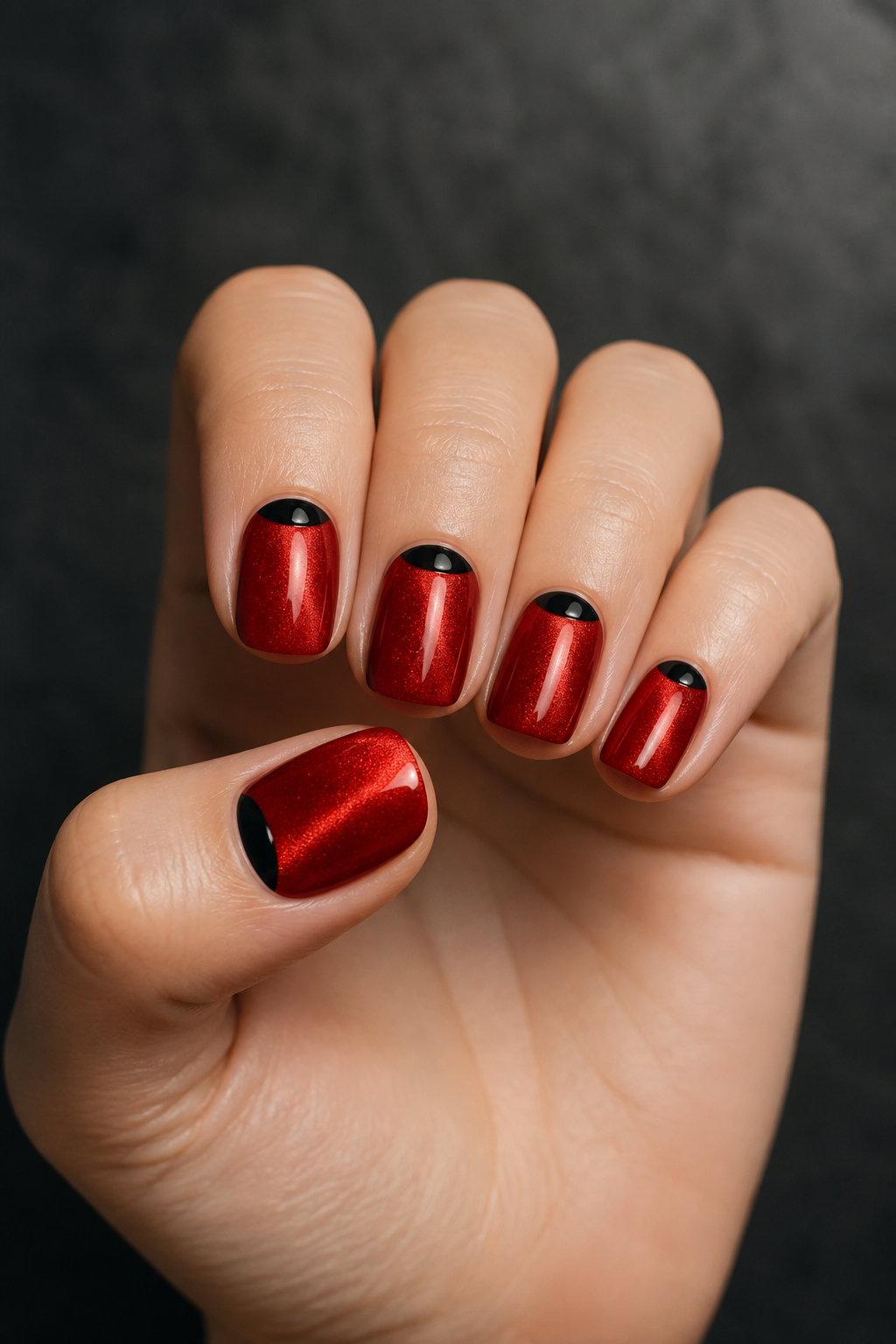 True-red cat-eye Christmas nails with black half-moons.