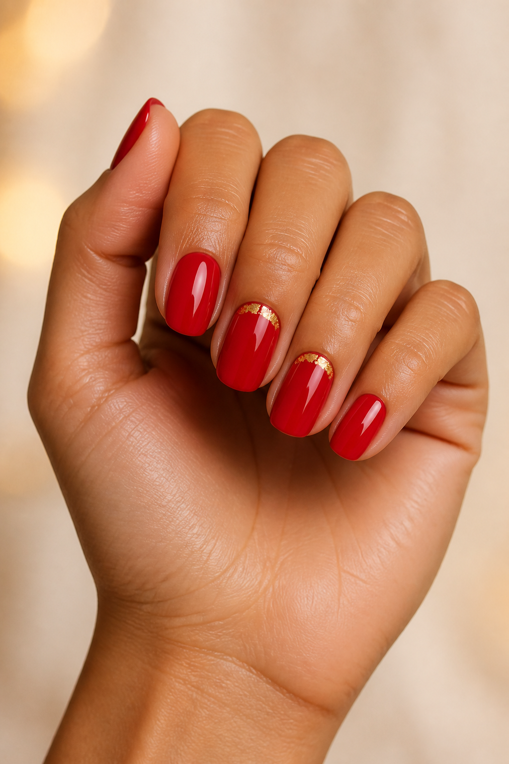 Cherry red Christmas nails with delicate gold-foil crescents.