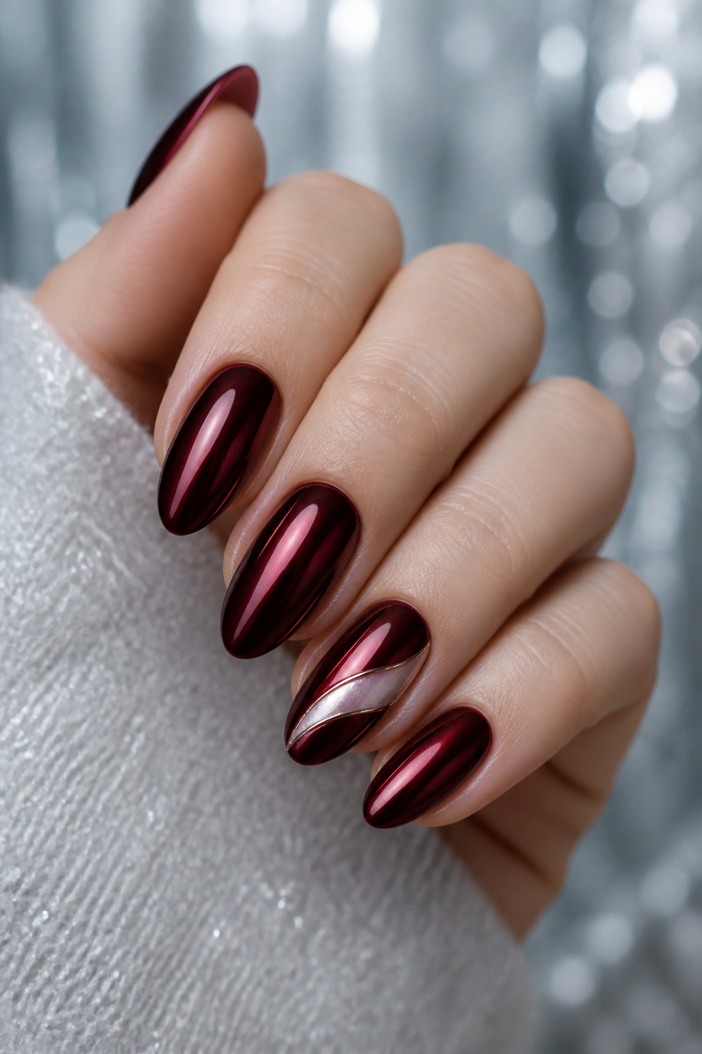 Deep merlot chrome Christmas nails with a pearl diagonal accent.