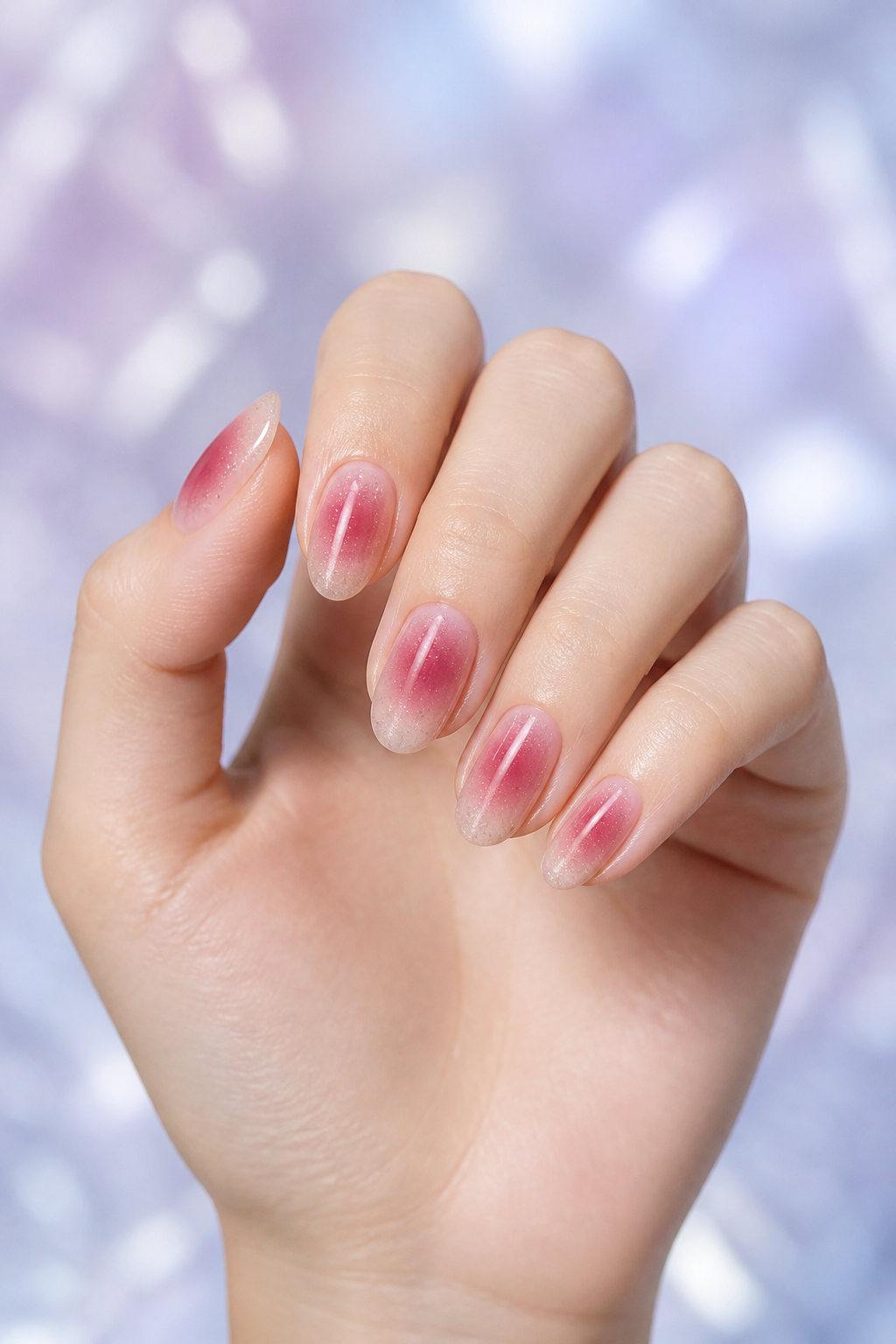 Raspberry-red aura Christmas nails with silver snow-dust shimmer.