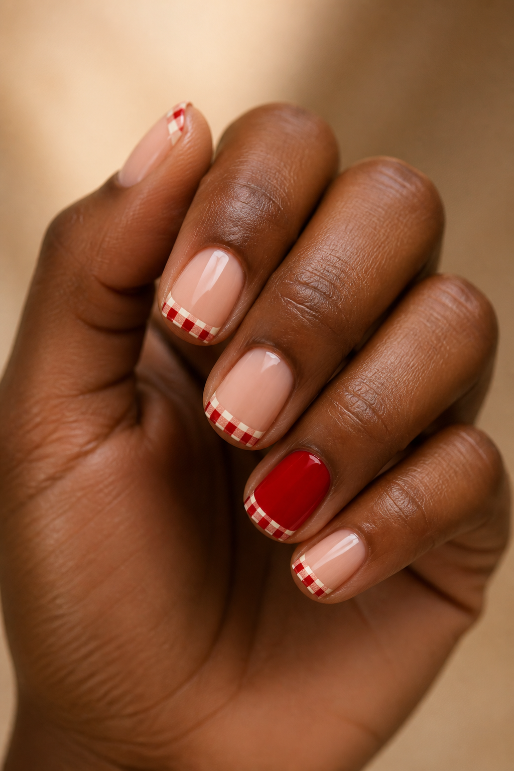 Short red gingham French Christmas nails.