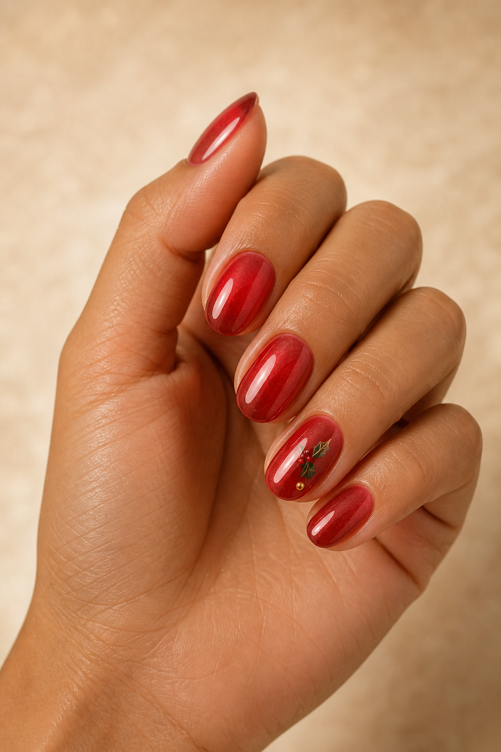 Translucent red pearl Christmas nails with a holly detail.