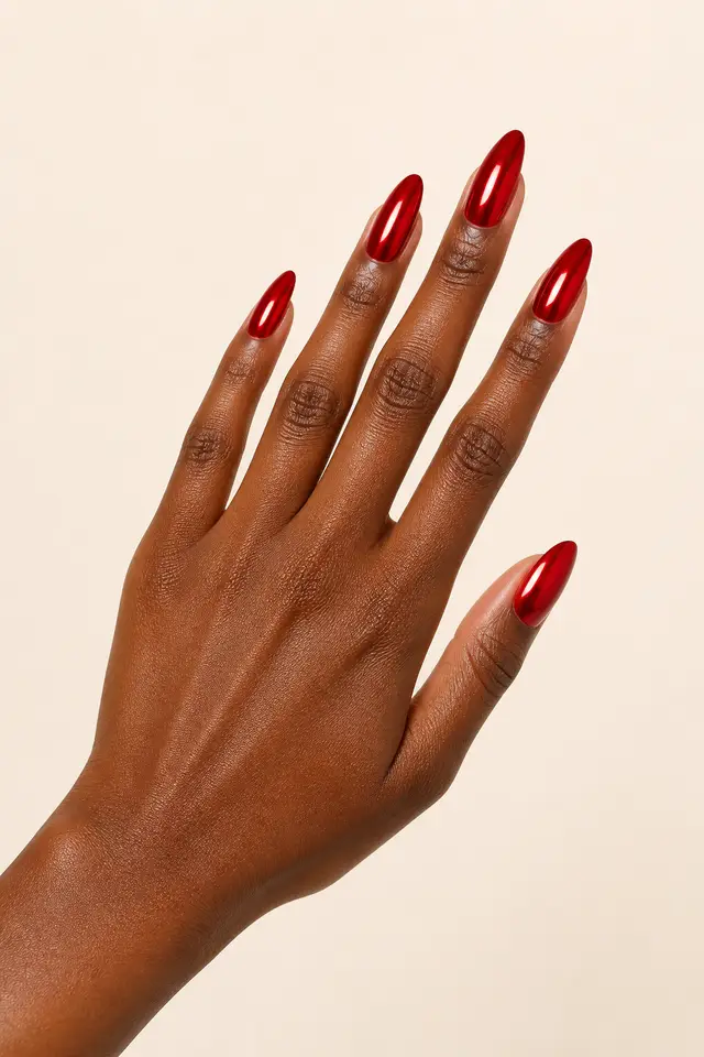 full mirror red chrome almond nails on a deep brown hand with a connected wrist
