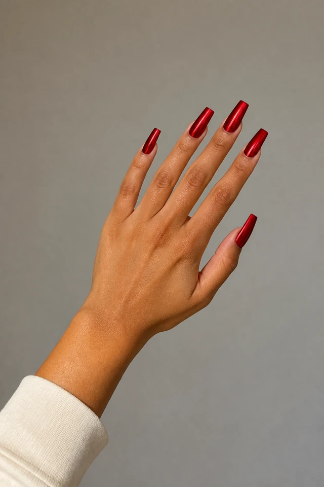 Glossy true-red chrome coffin nails on a medium tan hand with visible connected wrist and forearm in natural daylight