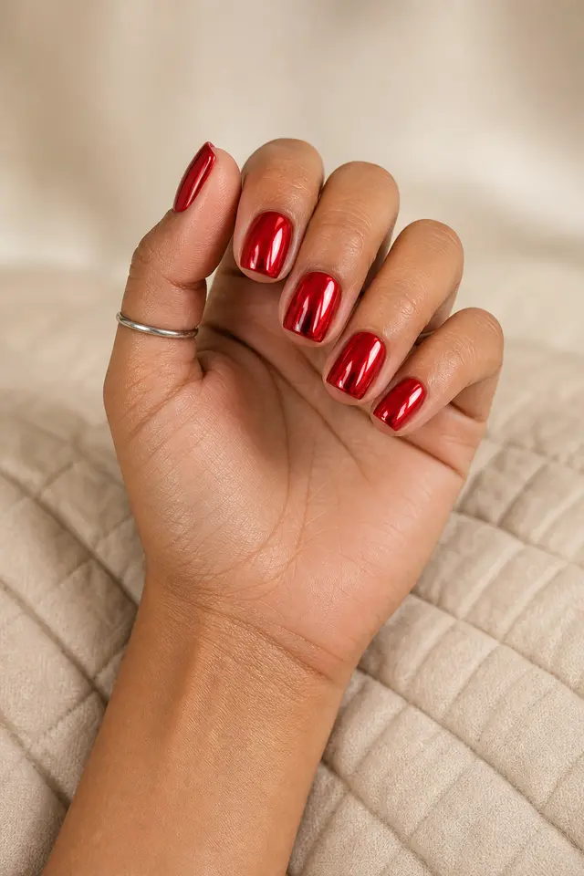 short square red chrome nails on a light olive hand in natural daylight