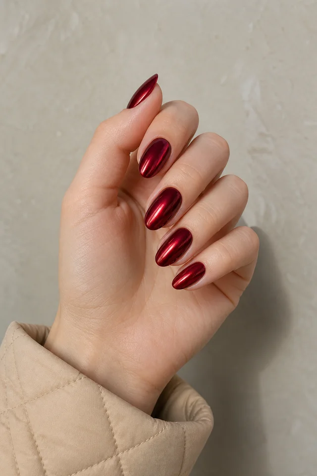 deep ruby red chrome oval nails on a fair hand with a visible wrist