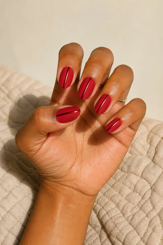 matte red nails with a red chrome center stripe on a deep brown hand