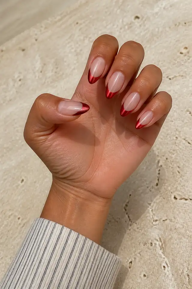 red chrome French tip almond nails on a light hand with a connected wrist
