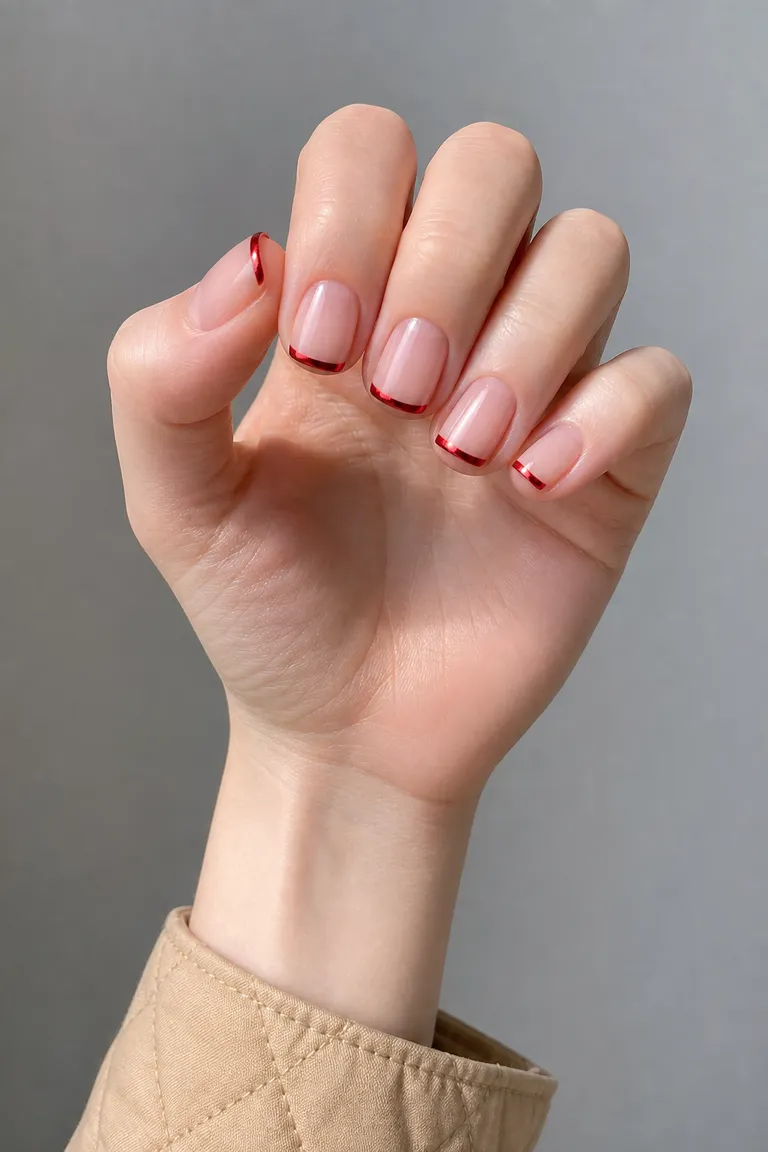 micro red chrome French tip nails on a medium olive hand in soft daylight