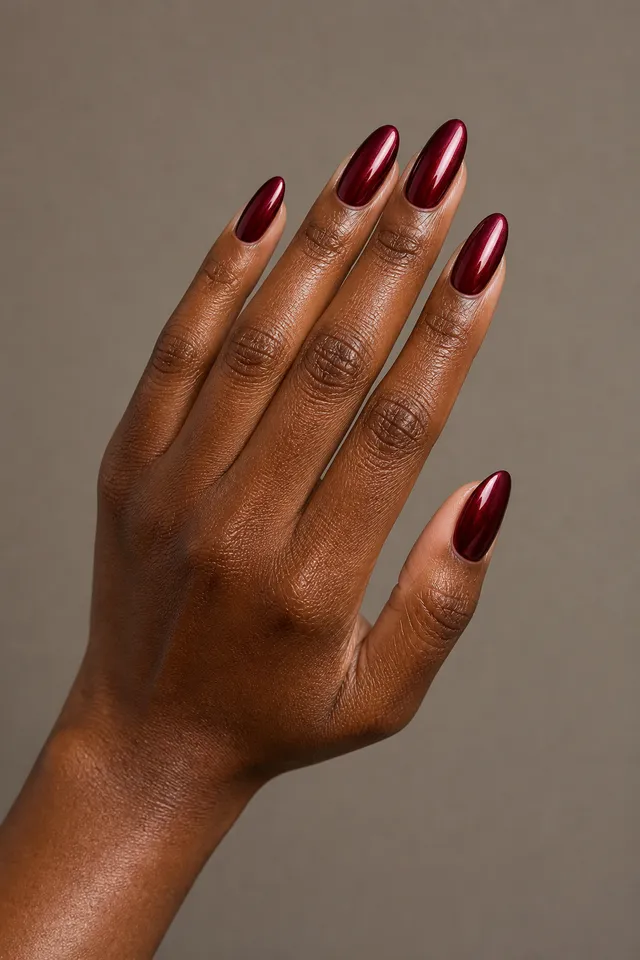 burgundy red chrome almond nails on a rich brown hand with a visible forearm