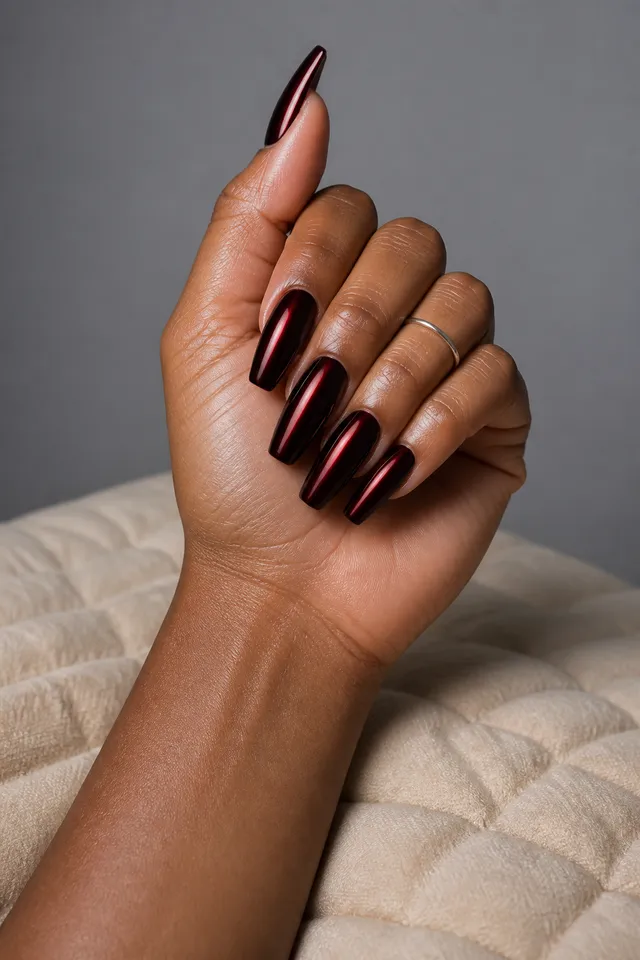 oxblood red chrome coffin nails on a tan hand in natural window light