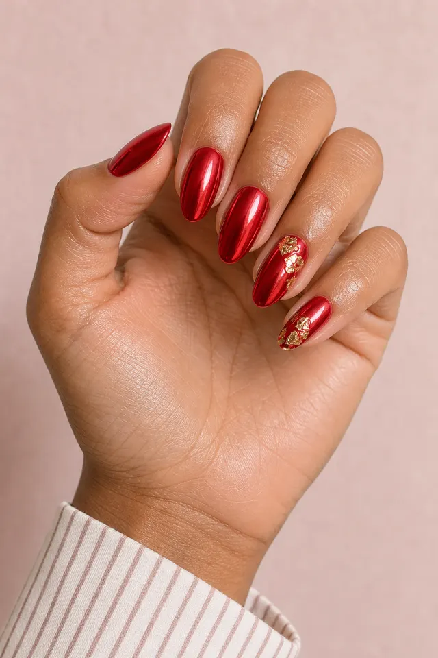 red chrome nails with delicate gold foil accents on a fair hand