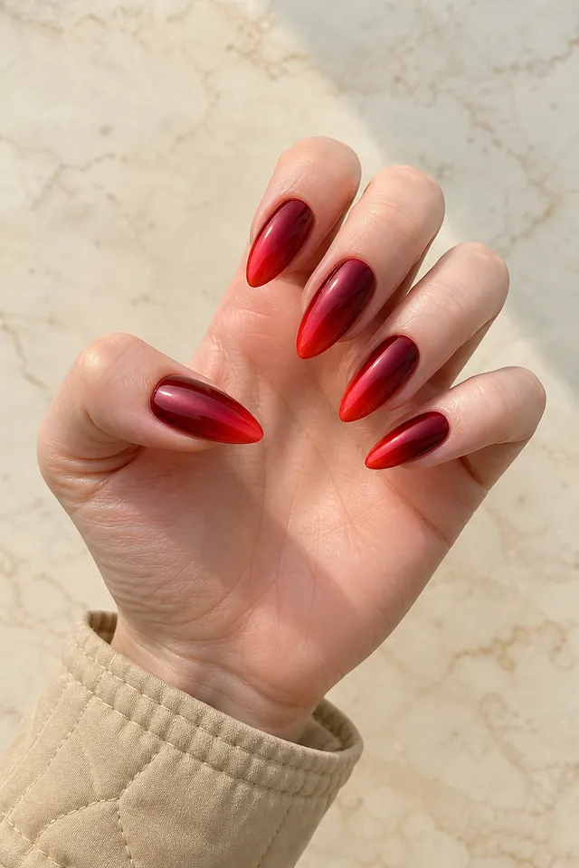 red chrome ombre almond nails on a deep brown hand with a connected wrist