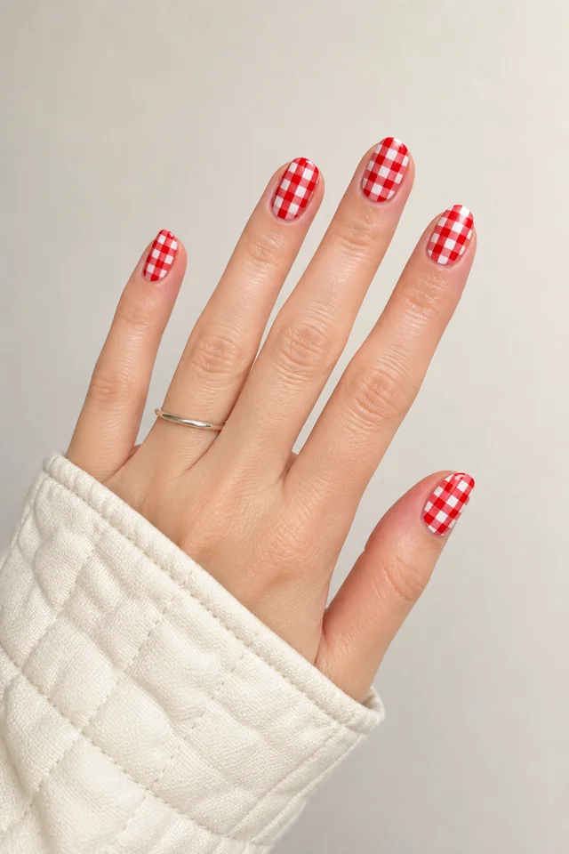 Bright tomato red gingham over a white base on short oval nails, glossy finish, fair skin, hand resting in natural daylight with a connected forearm