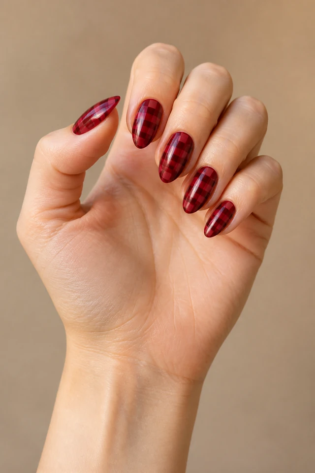 Deep cherry red windowpane checks on medium almond nails, glossy finish, light skin, hand angled toward soft window light with visible wrist and forearm