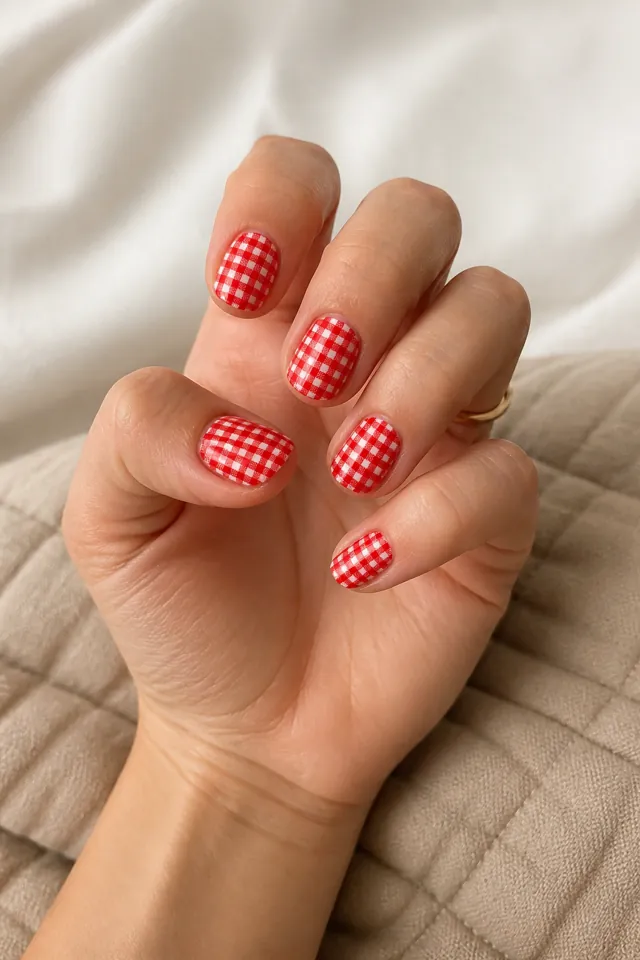 True red gingham on short soft-square nails, glossy finish, olive skin, hand posed with connected forearm in natural daylight