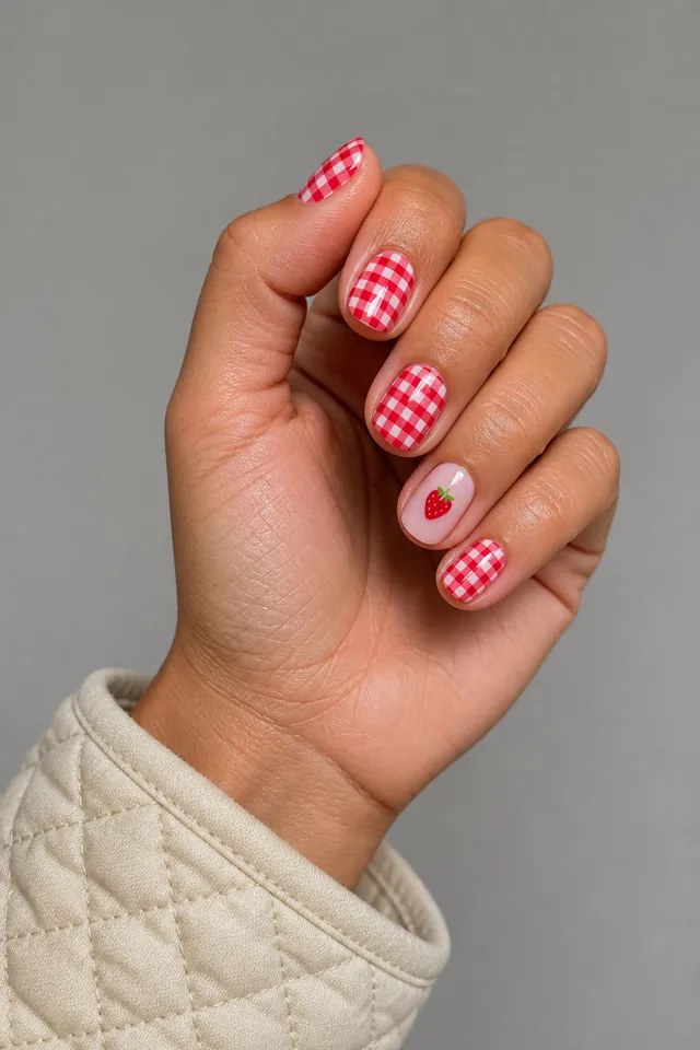 Red gingham accent with a tiny strawberry detail on rounded nails, glossy finish, medium skin, hand lifted in soft daylight with connected wrist