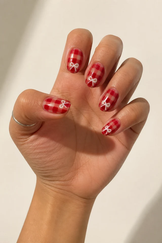 Red gingham checks with a small white bow detail on medium oval nails, glossy finish, tan skin, relaxed hand pose in natural window light with forearm visible