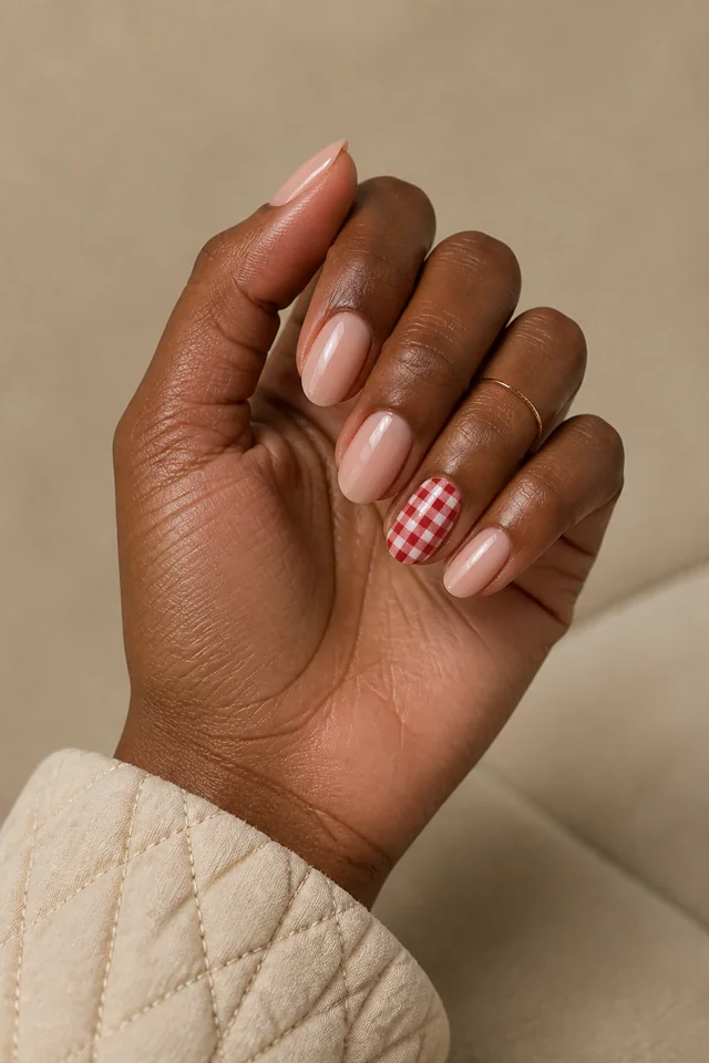 One red gingham windowpane nail beside sheer nude nails, rounded shape and glossy finish, rich dark skin, hand resting in daylight with connected wrist and forearm