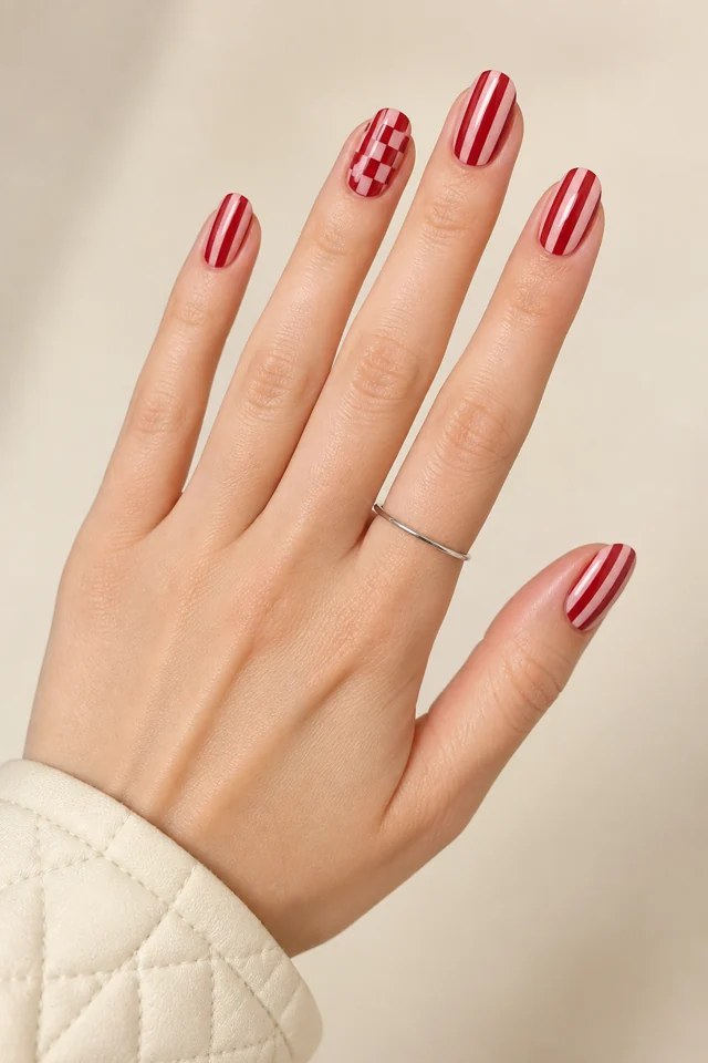 Single red gingham nail with alternating red stripe companions on medium almond nails, glossy finish, fair skin, hand angled in natural window light with visible forearm