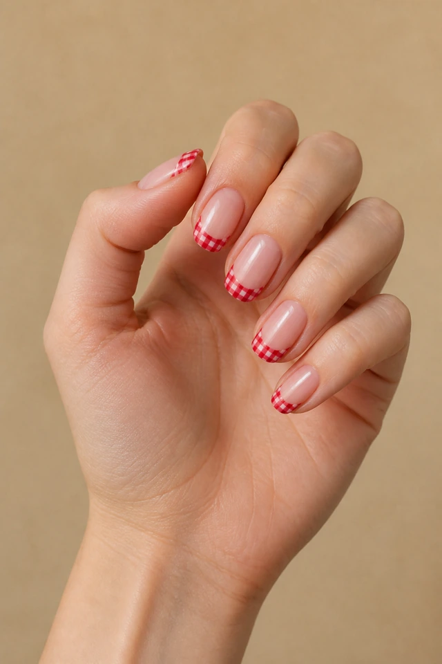 Red gingham concentrated along short French tips on soft almond nails, glossy finish, medium olive skin, hand raised in daylight with connected wrist