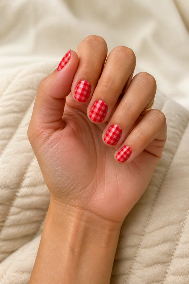 Short glossy red gingham on rounded nails, bright finish, light brown skin, hand resting beside a visible connected forearm in natural daylight