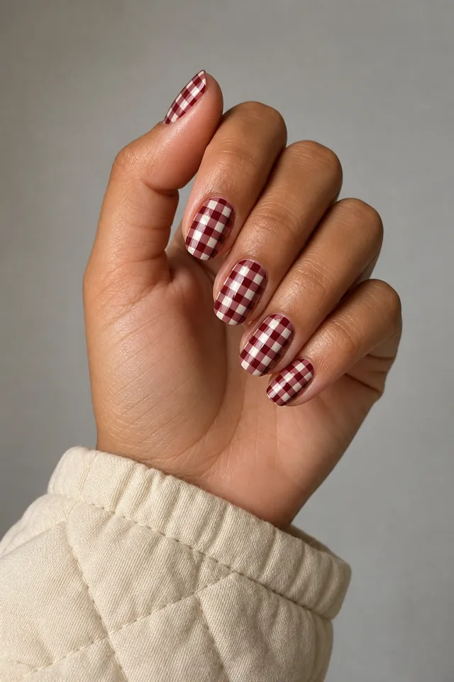 Wine-red gingham with cream negative space on medium square nails, soft glossy finish, deep brown skin, hand posed in window daylight with visible wrist and forearm