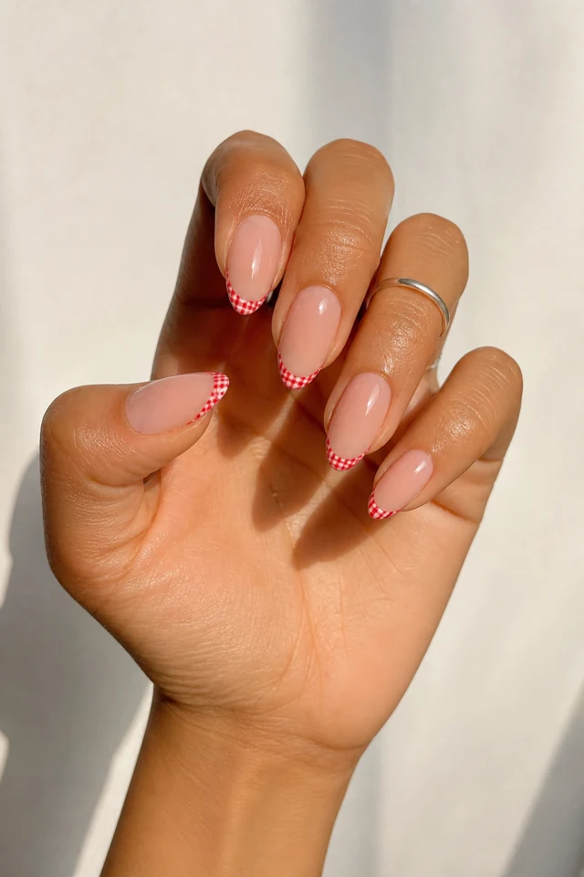 Fine red gingham marks along almond micro-French tips, glossy finish, tan skin, hand turned toward natural window light with connected forearm