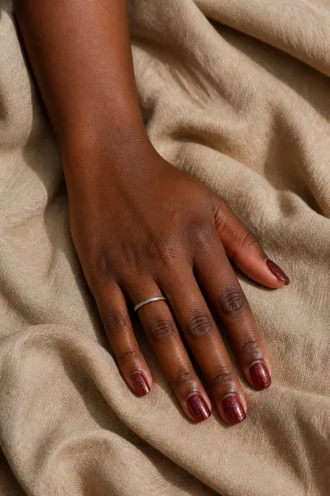 chunky cranberry red glitter square nails on a medium tan hand with visible wrist and forearm