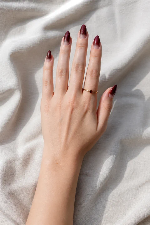 garnet red glitter veil on almond nails over a rich brown hand with visible wrist and forearm