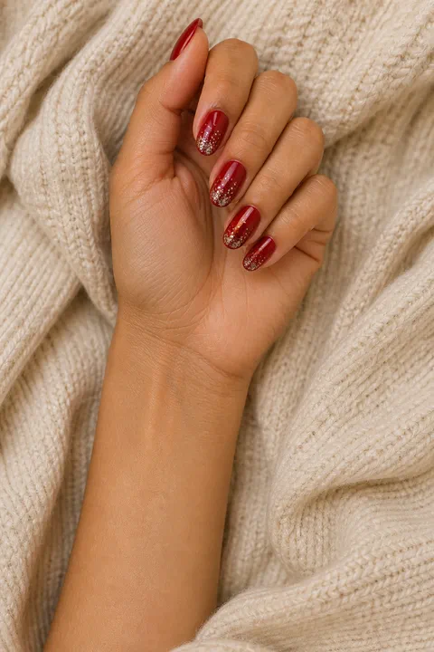 red nails with silver reflective glitter on a light warm hand with visible wrist