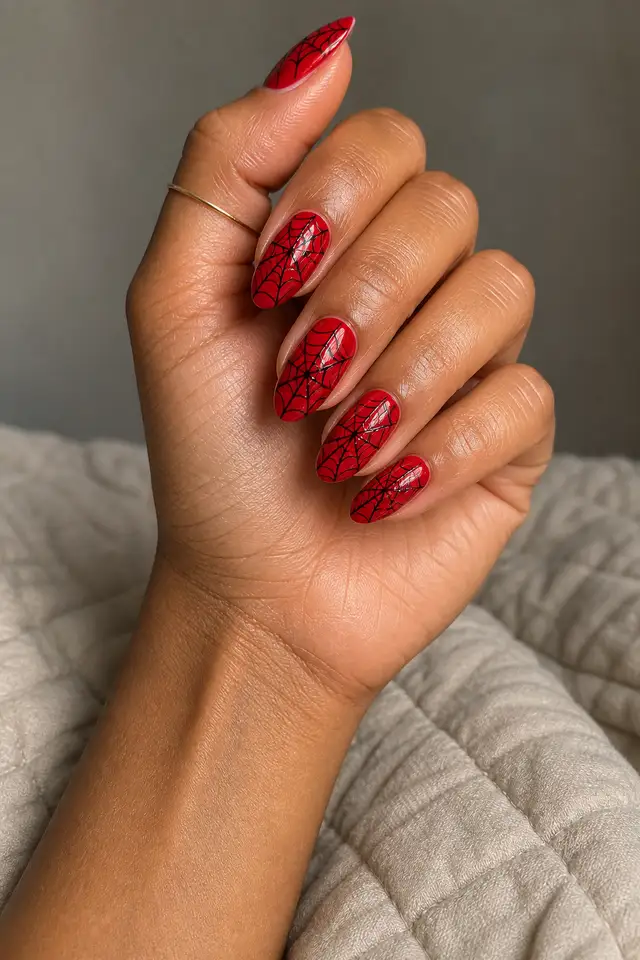 red coffin Halloween nails with black spiderweb accents on a medium tan hand and connected forearm
