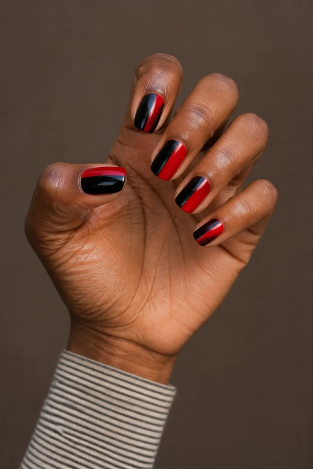 red stiletto Halloween nails with black flame details on a deep brown hand in natural window light