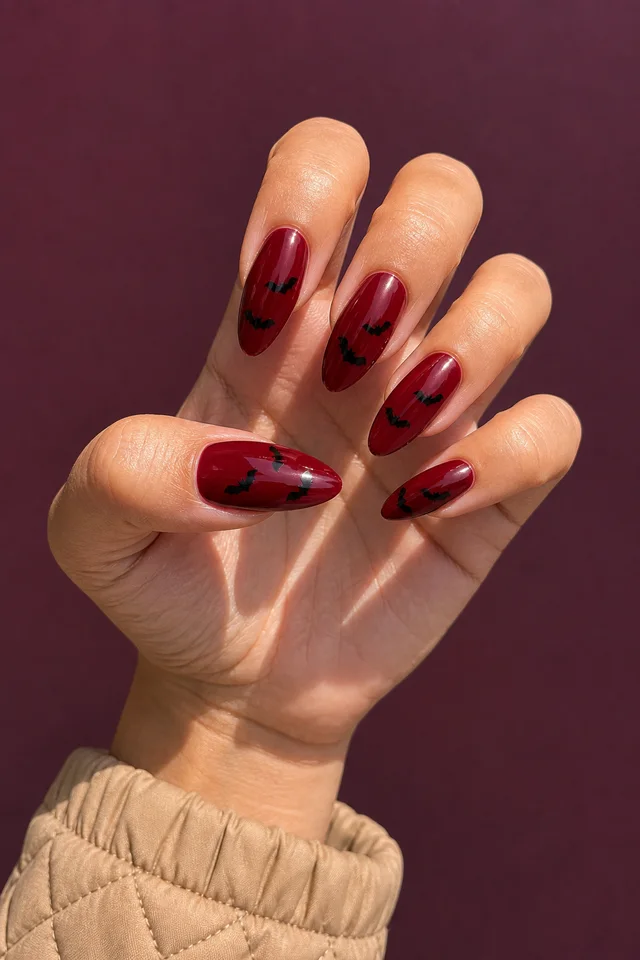 red oval Halloween nails with tiny black bats on a light olive hand and visible wrist